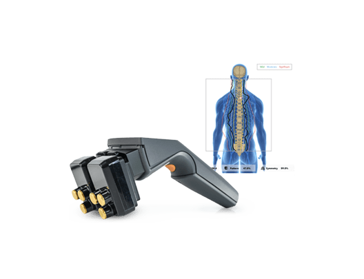 INSiGHT neuroCORE surface EMG scanner beside a spine graphic showing muscle activity patterns