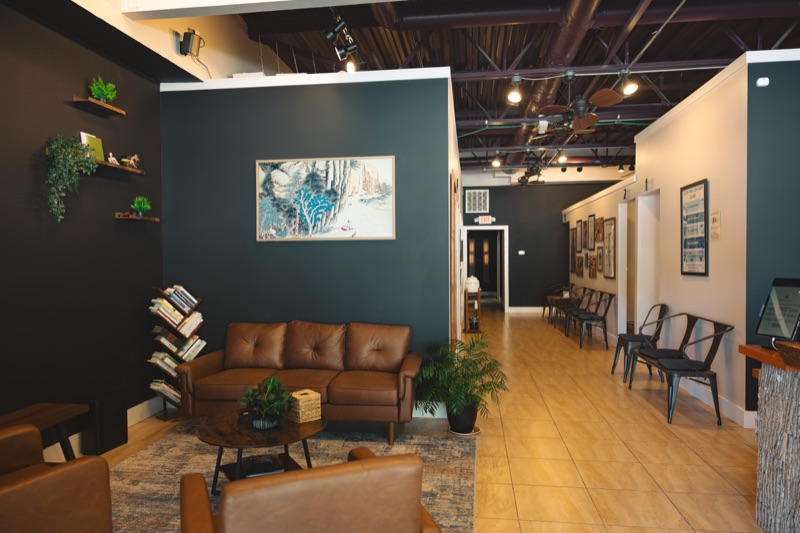 The Radius lobby with its leather couches and book nook